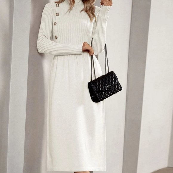 White Elegant Womens Mock Neck Button Detail Sweater Dress - Picture 3 of 5